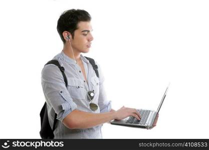 Male young student homework with laptop computer isolated on white