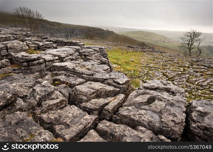 Malham Dale from limestone pavement above Malham Cove in Yorkshire Dales National Park