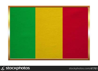 Malian national official flag. African patriotic symbol, banner, element, background. Correct colors. Flag of Mali , golden frame, fabric texture, illustration. Accurate size, color