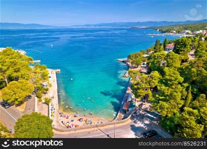 Malinska turquoise beach aerial view, Island of Krk, Croatia