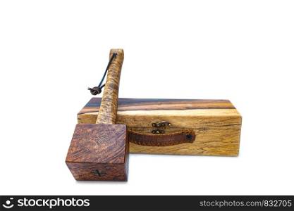Mallet hammer made of burl wood tools for used by carpenter in workshop on isolated white blackground
