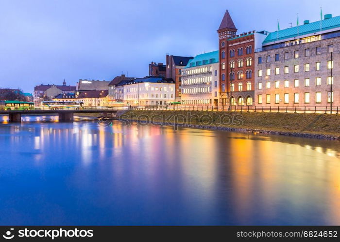 Malmo Cityscape downtown at night twilight in Sweden