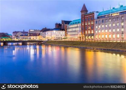 Malmo Cityscape downtown at night twilight in Sweden