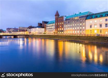 Malmo Cityscape downtown at night twilight in Sweden