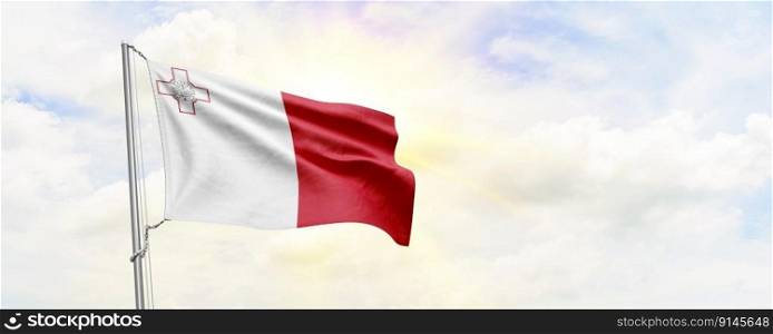 Malta flag waving on sky background. 3D Rendering