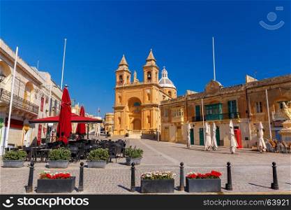 Malta. Marsaxlokk. Central square.. Central square in the old fishing village Marsaxlokk. Malta.