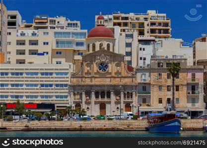 Malta. The Church of Jesus of Nazareth.. The facade Church of Jesus of Nazareth on the embankment of Valletta. Malta.