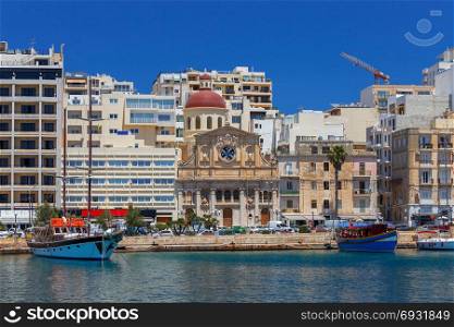 Malta. The Church of Jesus of Nazareth.. The facade Church of Jesus of Nazareth on the embankment of Valletta. Malta.