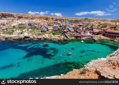 Malta. Village Popeye.. View of the famous village Popeye and bay on a sunny day. Malta.