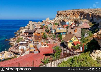 Malta. Village Popeye.. View of the famous village Popeye and bay on a sunny day. Malta.