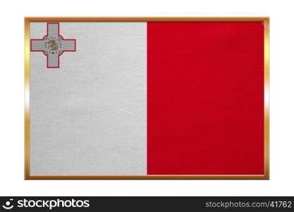 Maltese national official flag. Patriotic symbol, banner, element, background. Correct colors. Flag of Malta , golden frame, fabric texture, illustration. Accurate size, color
