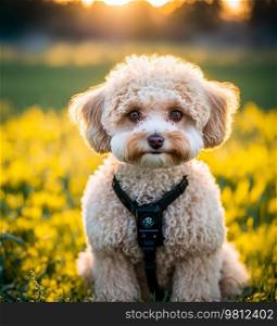 Maltipoo Dog On A natural spring field Background Illustration Generative AI
