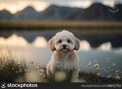 Maltipoo Dog On A natural spring field Background Illustration Generative AI