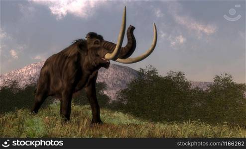 Mammoth walking in the nature by day - 3D render. Mammoth - 3D render