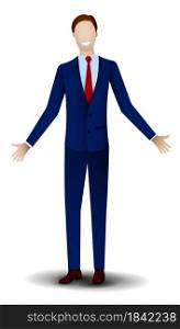 man, a businessman in a dark blue classic suit stands smiling, arms outstretched for a friendly greeting. Joy of a new meeting. An open gesture of friendliness and acceptance. Vector