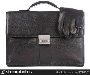 Man&acute;s a brief case and gloves on a white background