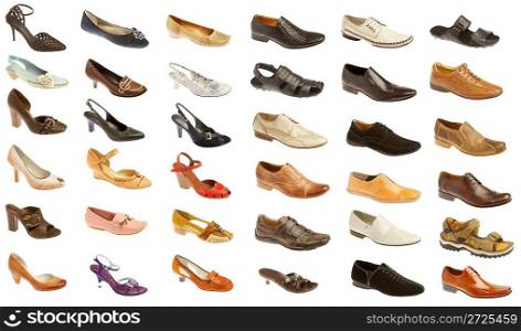 Man&acute;s and female footwear on a white background. 35 pieces.