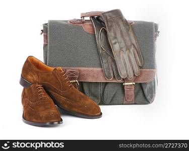 Man&acute;s brief case gloves and shoe on a white background