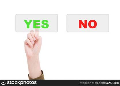 Man&acute;s Finger pressing the YES key - Isolated over white background