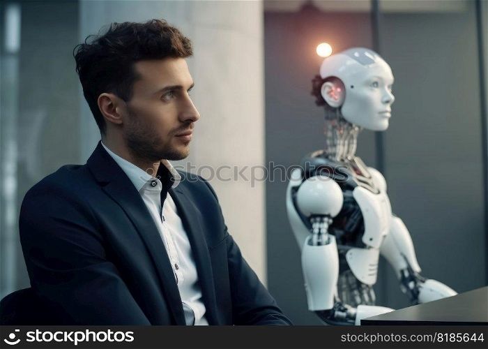 Man and AI robot waiting for the same job interview created with generative AI technology