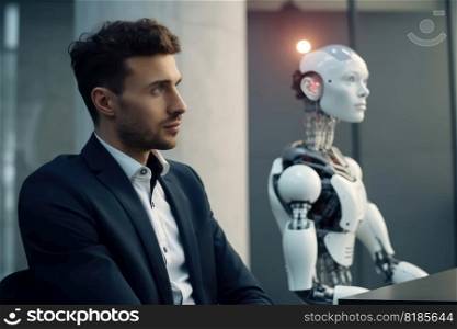Man and AI robot waiting for the same job interview created with generative AI technology