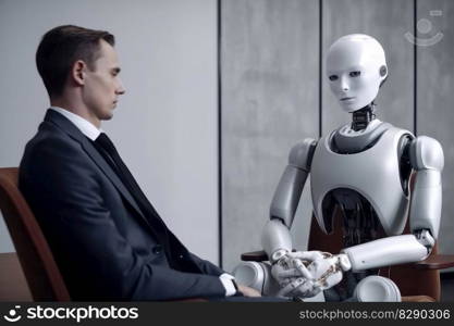 Man and AI robot waiting for the same job interview created with generative AI technology