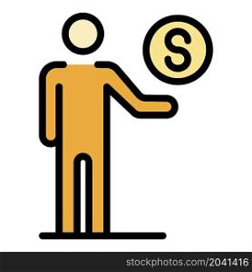 Man and coin icon. Outline man and coin vector icon color flat isolated. Man and coin icon color outline vector
