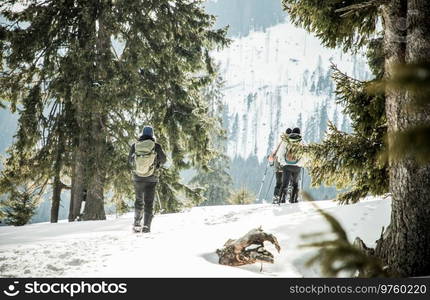 man and dog trekking in big snow in mountains in winter