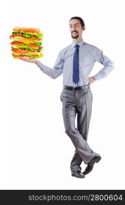 Man and giant sandwich on white