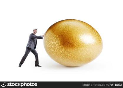 Man and golden egg isolated on white