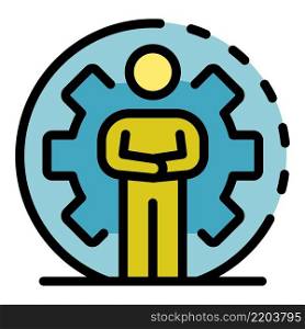 Man and huge gear wheel icon. Outline man and huge gear wheel vector icon color flat isolated. Man and huge gear wheel icon color outline vector