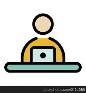 Man and laptop icon. Outline man and laptop vector icon color flat isolated. Man and laptop icon color outline vector