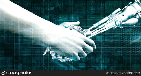 Man and Machine Robot Hand Handshake as Tech Concept. Man and Machine Handshake