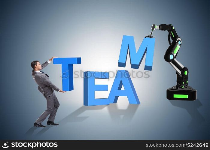 Man and robotic arm in teamwork concept