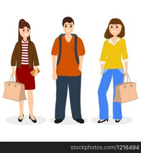 Man and two women with bags and backpack vector. Man and two women with bags and backpack