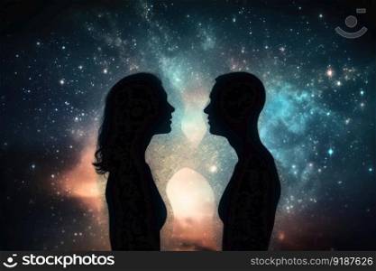 Man and woman astral silhouettes concept at cosmic background created with generative AI technology