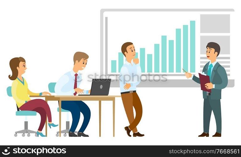 Man and woman discussing work, presenter showing graph report. Man presenting board with chart, people communication with laptop, company investment vector. Colleagues Discussing Graph Report, Laptop Vector