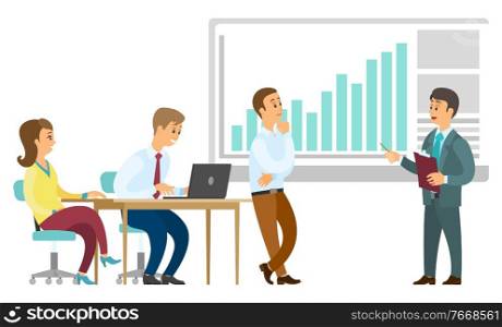 Man and woman discussing work, presenter showing graph report. Man presenting board with chart, people communication with laptop, company investment vector. Colleagues Discussing Graph Report, Laptop Vector