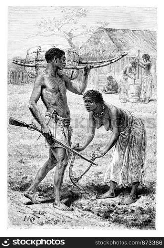 Man and Woman from Bie in Angola, Southern Africa, drawing by Maillart based on the English edition, vintage engraving. Le Tour du Monde, Travel Journal, 1881