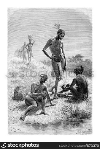 Man and Woman from Quimbandes in Angola, Southern Africa, drawing by Bayard based on the English edition, vintage illustration. Le Tour du Monde, Travel Journal, 1881