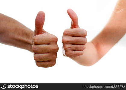 Man and woman hands showing thumbs up sign isolated on white background