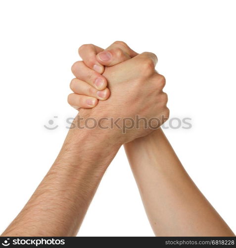 Man and woman in arm wrestlin, white background