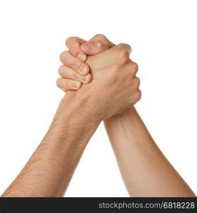 Man and woman in arm wrestlin, white background