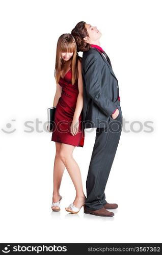 man and woman is standing shoulder to shoulder on white background