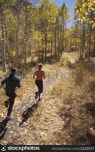 Man And Woman Jogging Through Woods