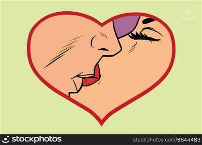 Man and woman kissing, love heart. Romantic couple. Comic cartoon vintage pop art retro vector illustration. Man and woman kissing, love heart