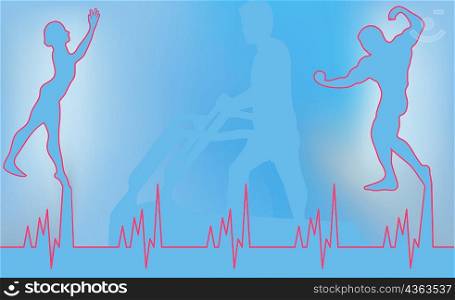 Man and woman on heart pulse rate traces