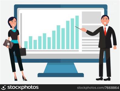 Man and woman presenters showing graph on monitor of computer. Colleagues communication with pc, financial presentation, statistic report, profit vector. Teamwork Finance Presentation, Computer Vector