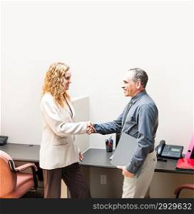 Man and woman shaking hands in office