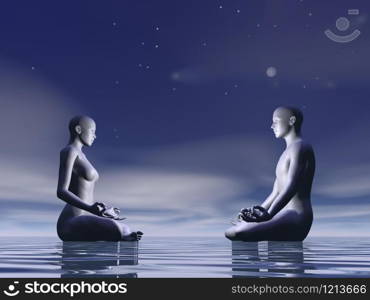 Man and woman silhouettes meditating facing each other by night. Night meditation - 3D render